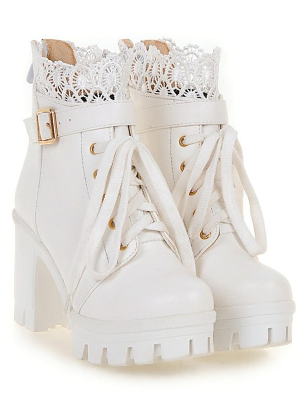 Lace Panel  Buckle Strap Chunky Heel Martin Boots