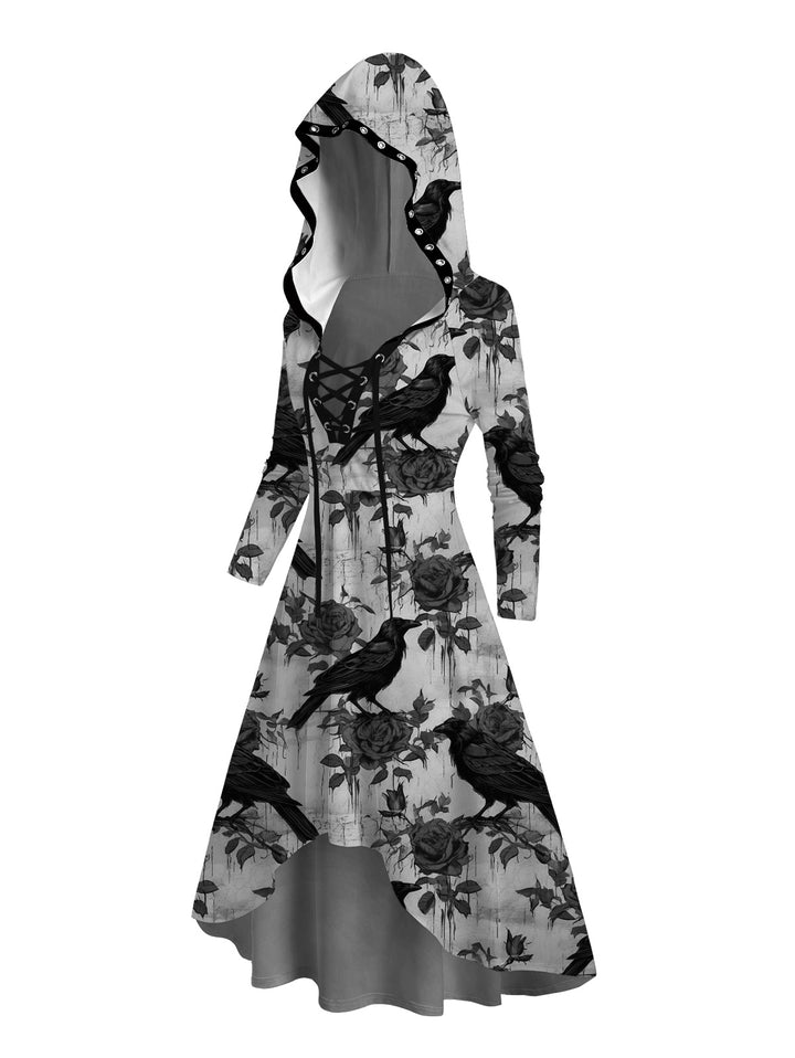 Gothic Rose & Crow Print Lace Up High Low Hoodie Dress