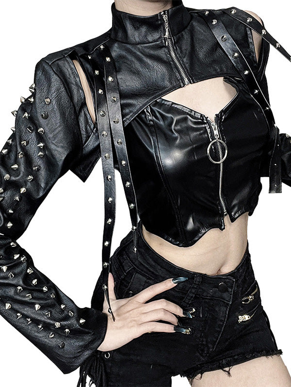 Punk Style Sexy Studded PU Long Sleeve Grommet Cover Top