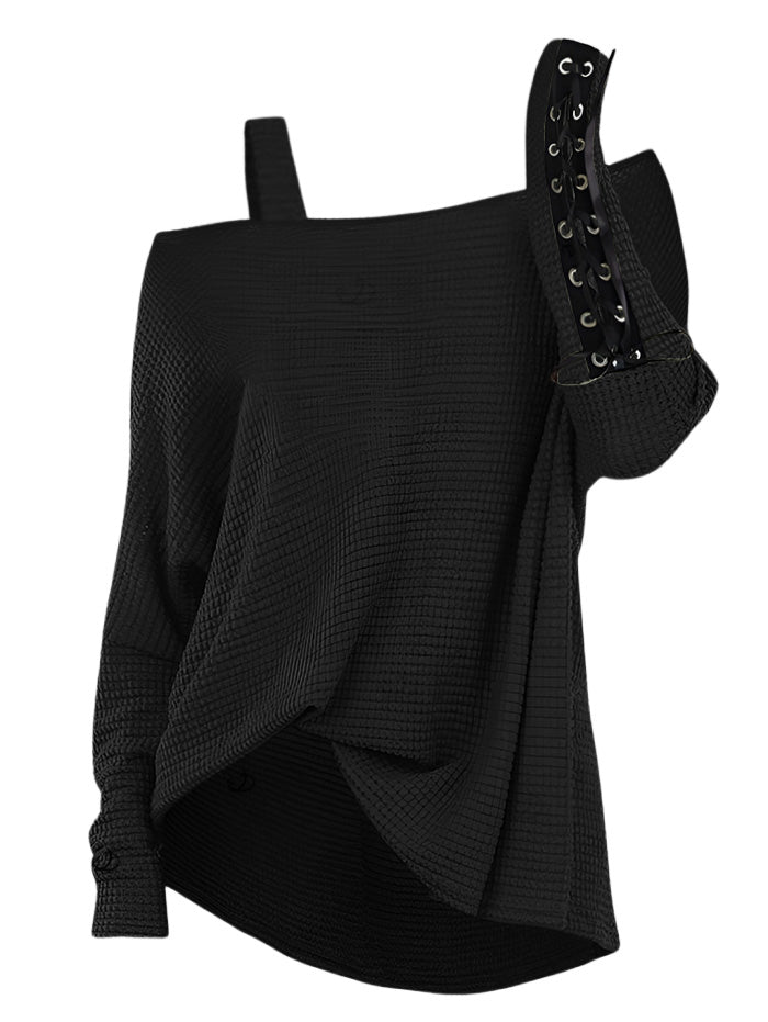 Gothic Solid Color Textured Skew Neck Long Sleeve Top-Black