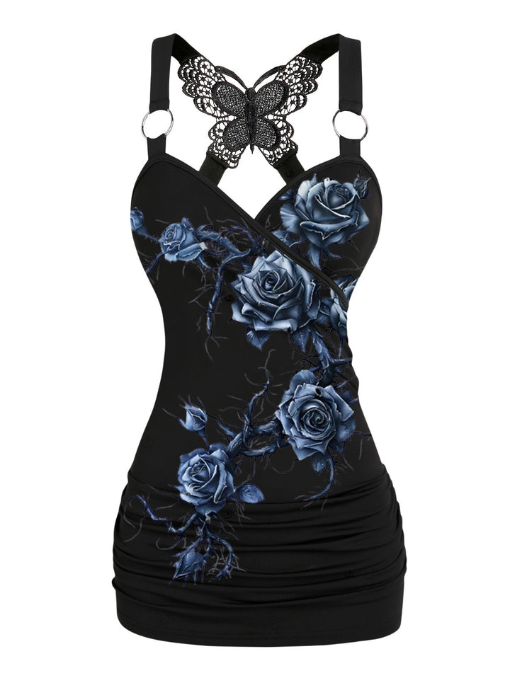 Gothic Butterfly Lace Ruched Surplice Tank Top - Blue Rose Pattern