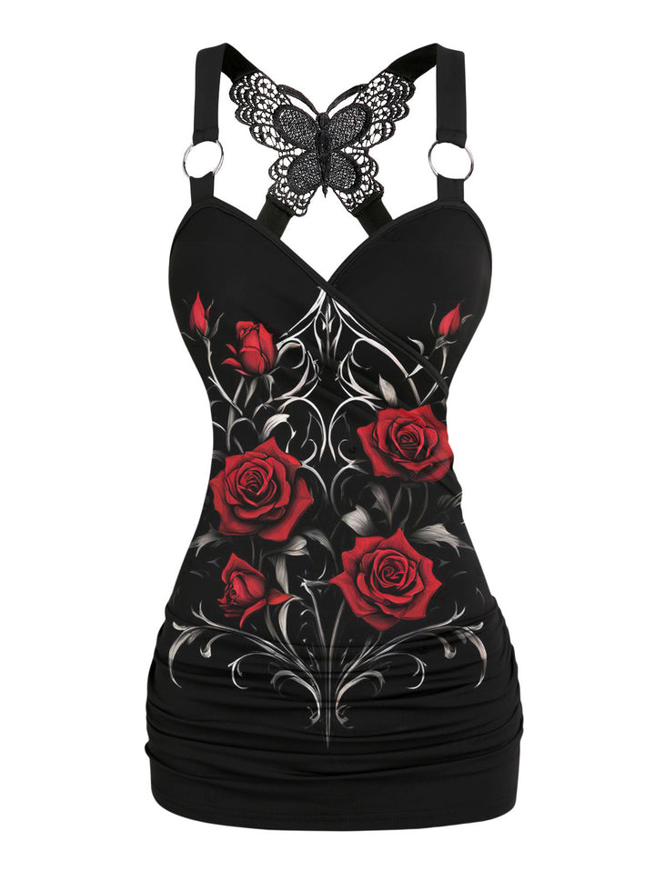 Gothic Butterfly Lace Ruched Surplice Tank Top - Red Rose Pattern