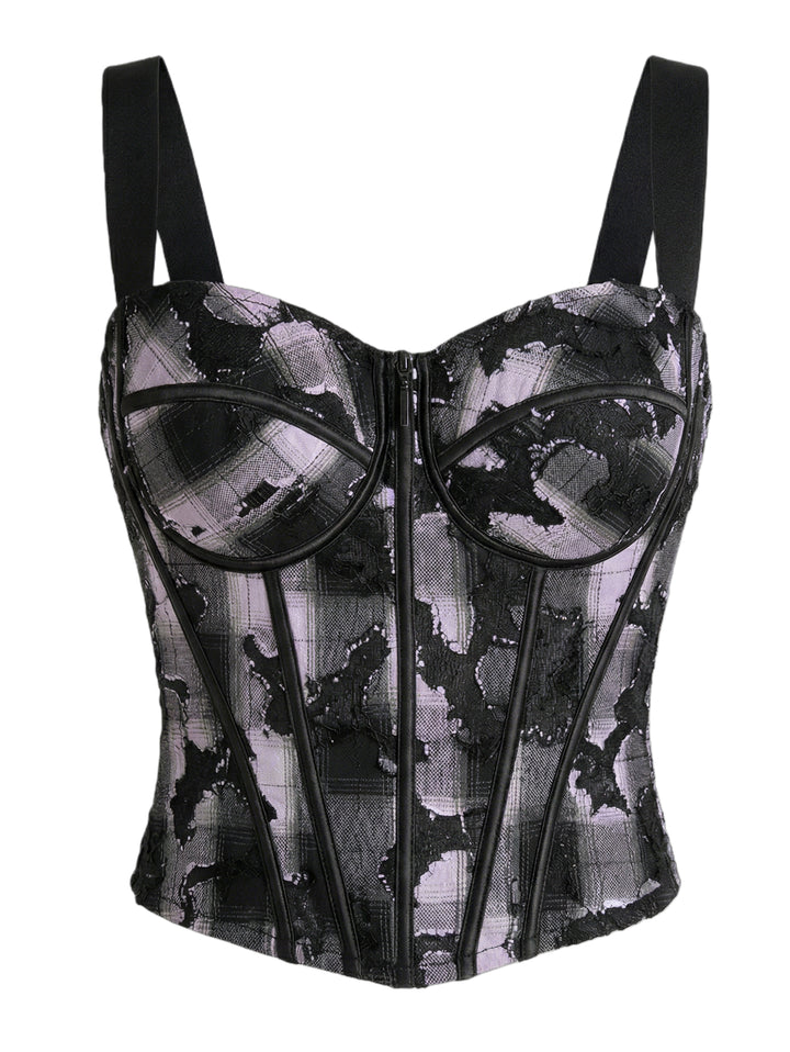 Black & Lavender Plaid Lace Patchwork Cami Corset Top - Retro Y2K Slim-Fit Bustier