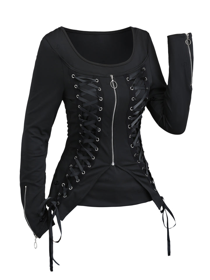 Gothic Top Solid Color Lace Up Zip Square Neck Top