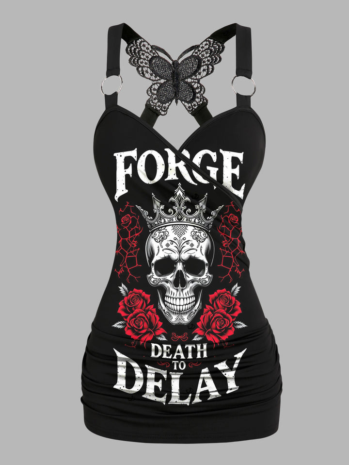 Gothic Butterfly Lace Ruched Surplice Tank Top - Force Death to Delay