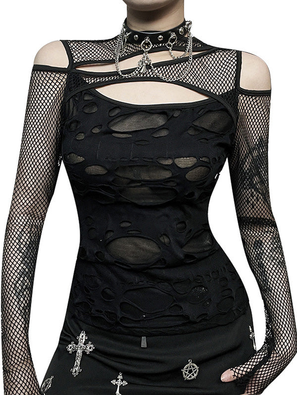 Punk Mesh See-Through Ripped Long Sleeve Blouse