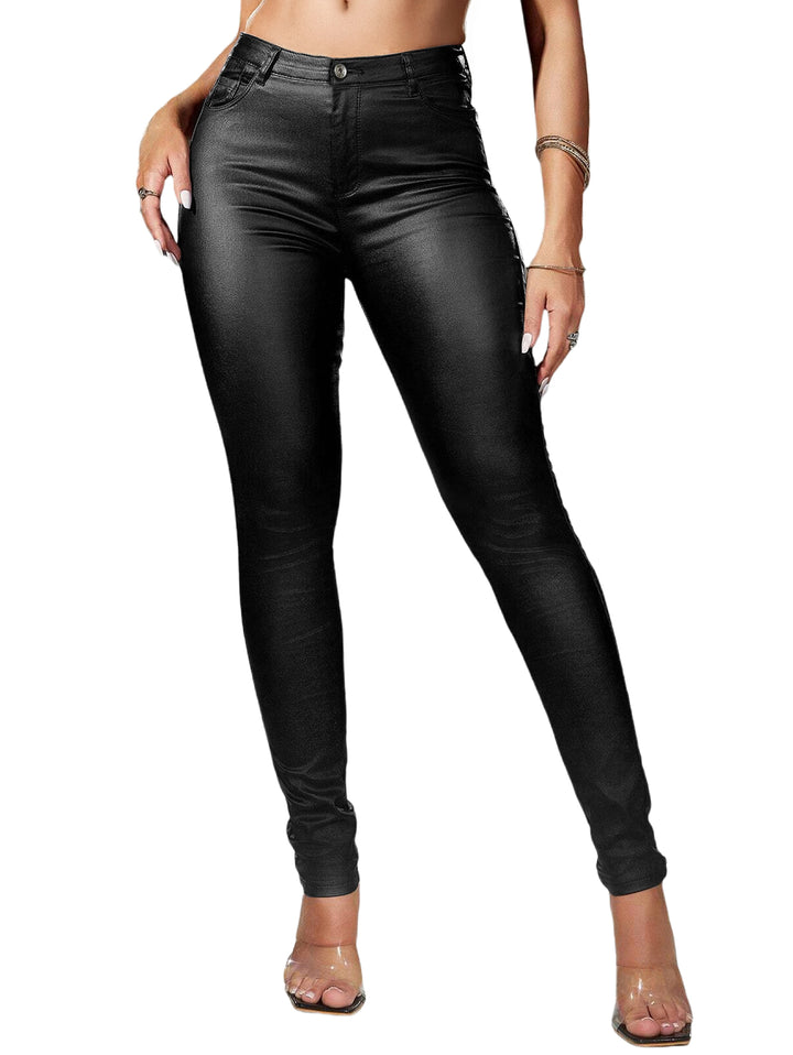 Gothic PU Skinny Solid Color Zipper Fly Pockets Long Pants
