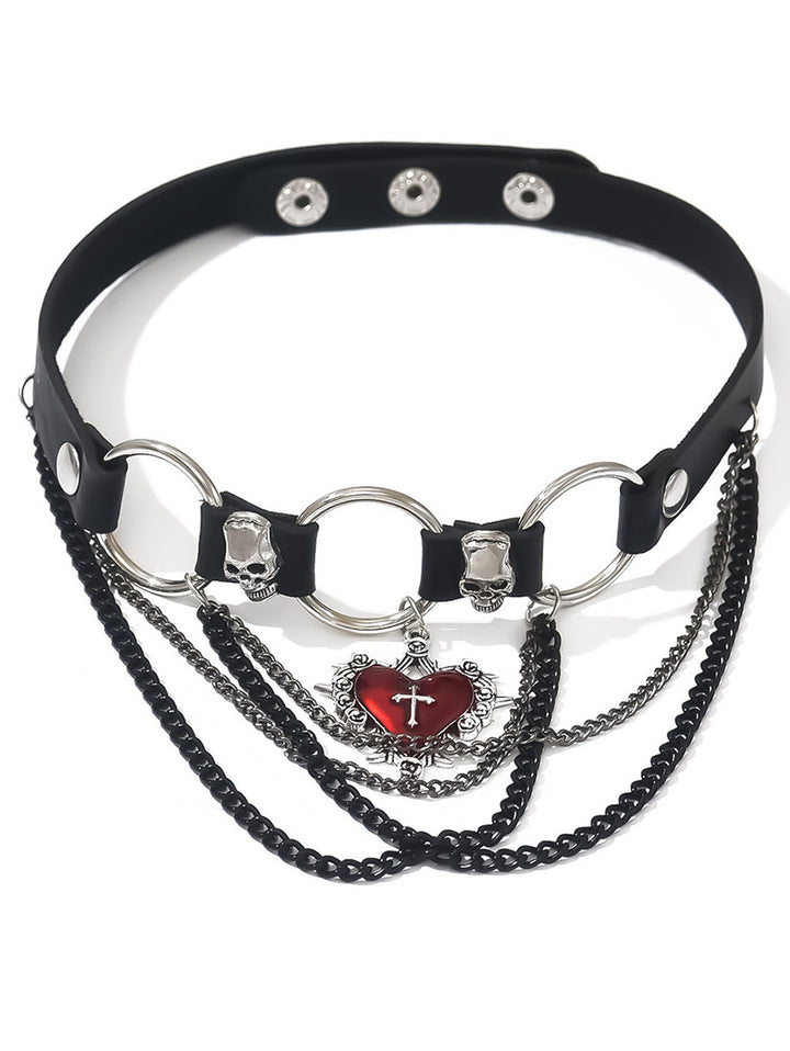 Punk Choker Skulls Cross Chain Details Gothic Necklace-Red Heart