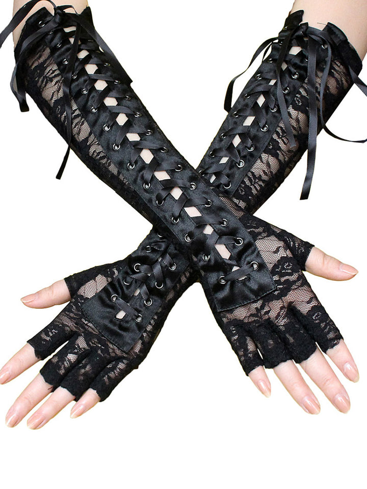 Gothic Forearm Gloves Lace Up Lace Panel Fingerless Gloves