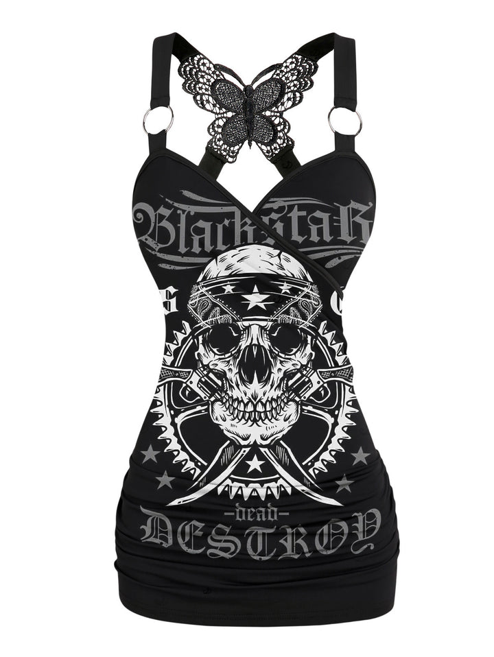 Gothic Butterfly Lace Ruched Surplice Tank Top - Skull Pirat Pattern