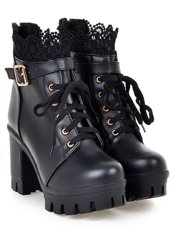 Lace Panel  Buckle Strap Chunky Heel Martin Boots