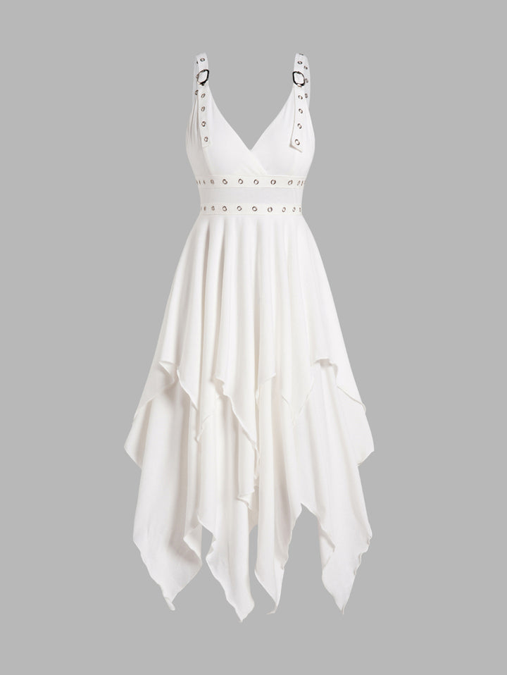 White Layered Grommet Empire Waist Adjustable Strap Asymmetrical Midi Dress