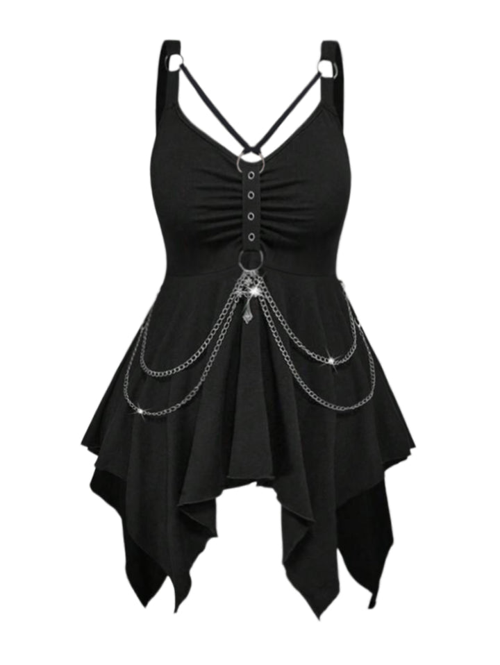 Gothic Solid Color Ruched Grommet Corss Chain Handkerchief Tank Top