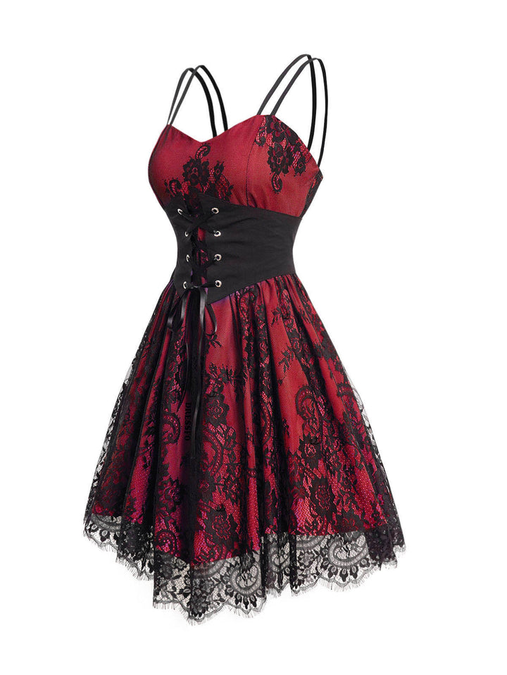 Allover Flower Print Lace Mesh with Corset Belt Double Spaghetti Strap Cami Dress-Red