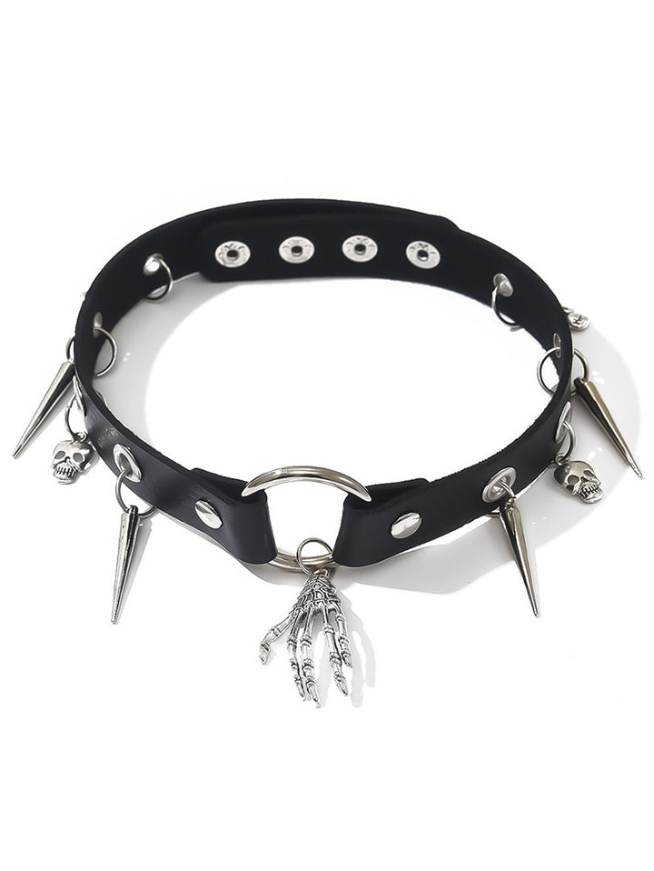 Gothic Choker Skulls Rivet Skeleton Hand Pendant Punk Necklace