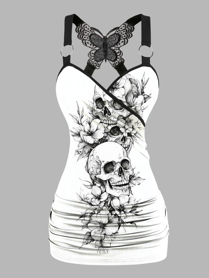 Gothic Butterfly Lace Ruched Surplice Tank Top - Skull & Flower Pattern