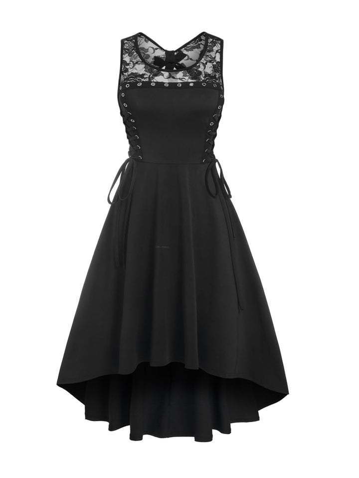 Gothic Lace Up Grommet High Low Bowknot Cutout Midi Dress