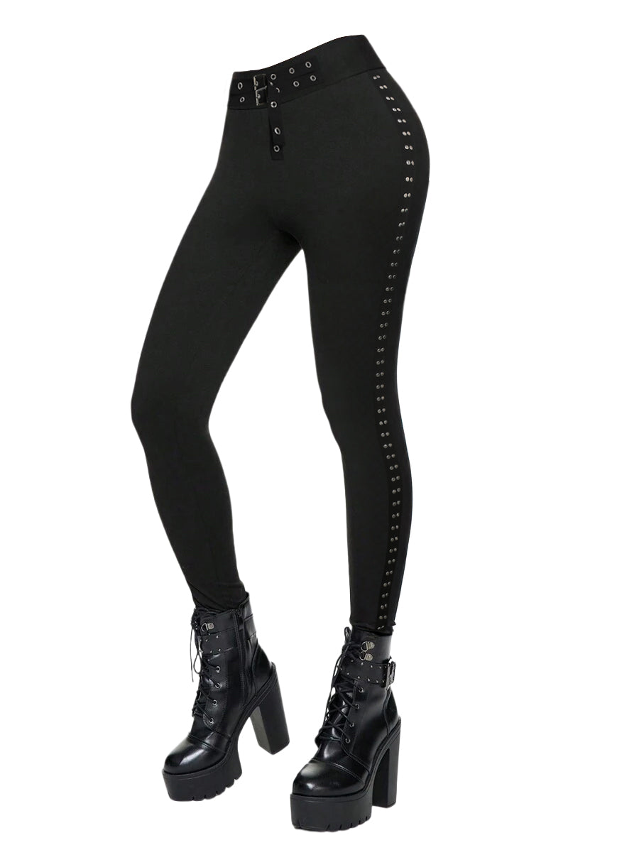 Buckle Grommet Waist Rivet Decor Pencil Pants
