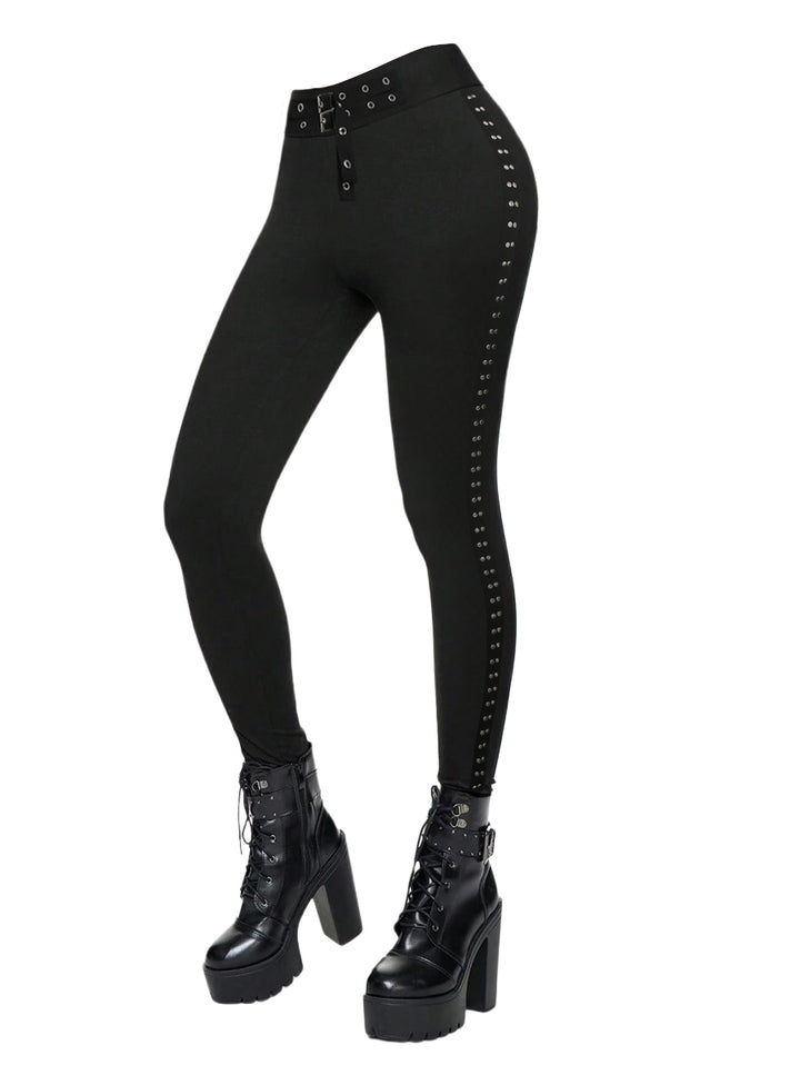 Buckle Grommet Waist Rivet Decor Pencil Pants