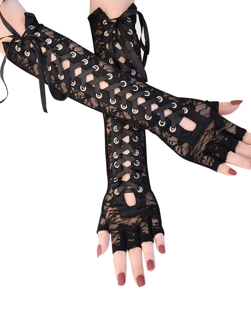 Gothic Lace Up Forearm Gloves Lace Panel Fingerless Gloves