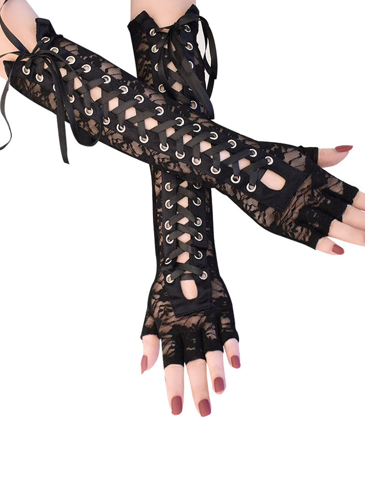 Gothic Lace Up Forearm Gloves Lace Panel Fingerless Gloves