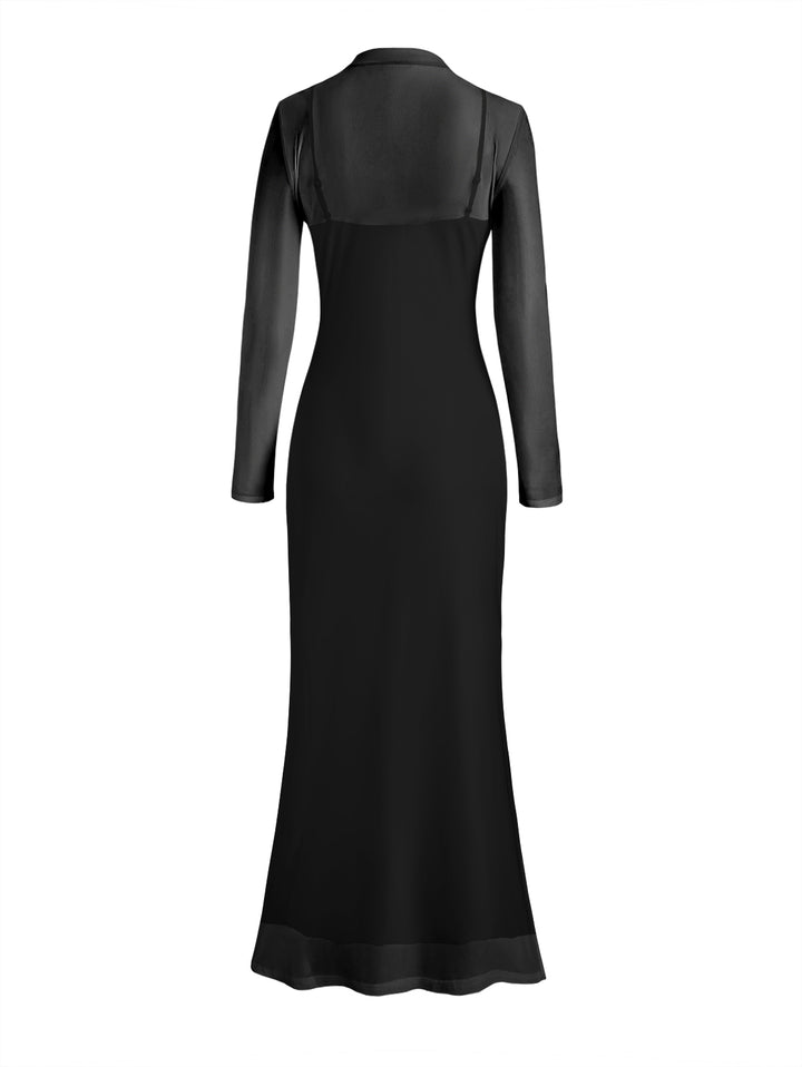 Gothic Sexy Mesh & Skeleton Print Slim Split Maxi Dress Two-Piece Set