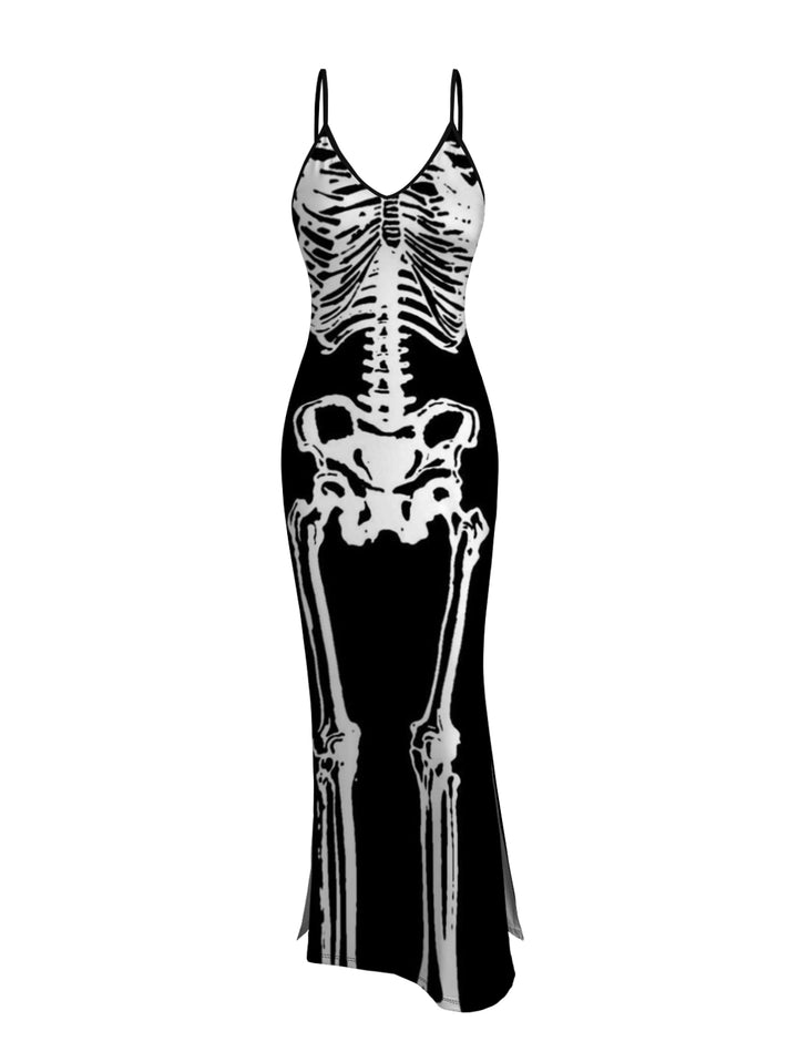 Gothic Sexy Mesh & Skeleton Print Slim Split Maxi Dress Two-Piece Set