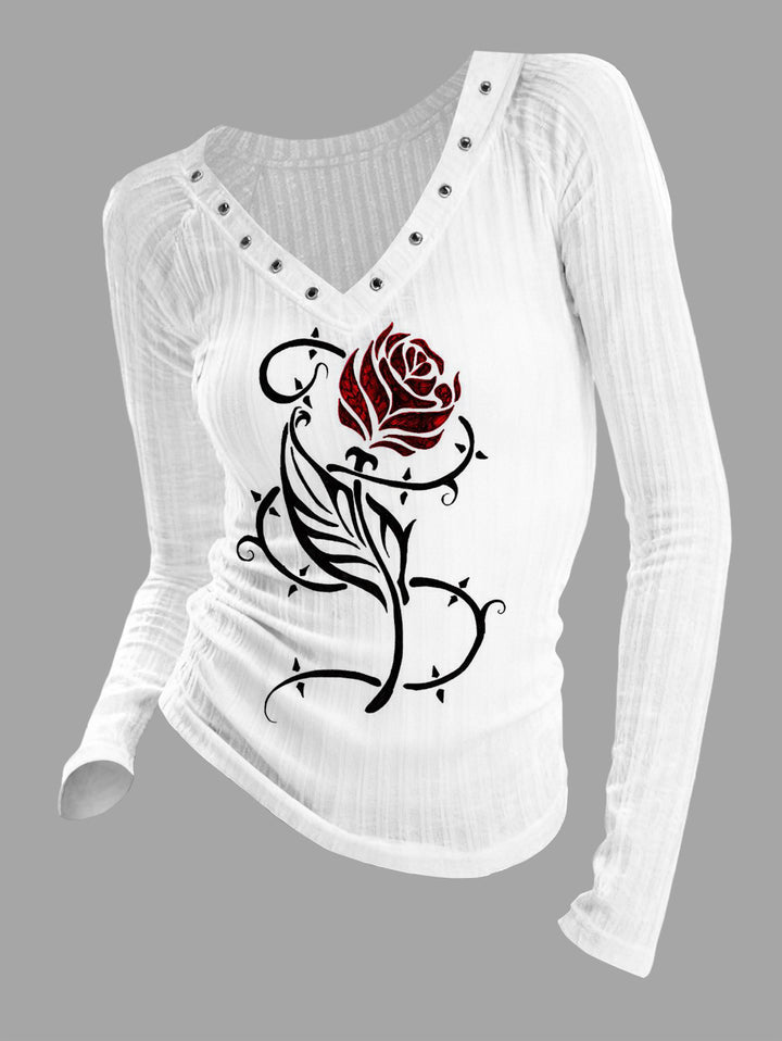 Gothic V-neck Ribbed Rose Printed Long-sleeve T-shirt
