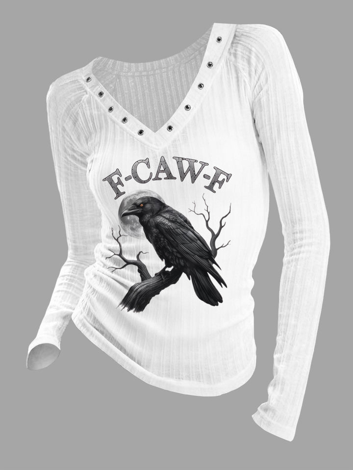 Gothic V-neck Ribbed F-Caw-F Crow Printed Long-sleeve T-shirt (Slightly Sheer)