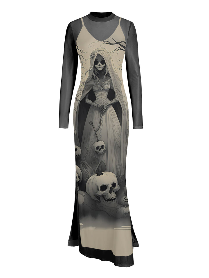 Gothic Sexy Mesh & Ghost Bride Skulls Slim Split Maxi Dress Two-Piece Set