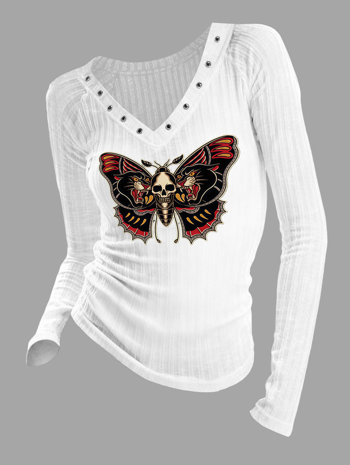 Gothic V-neck Ribbed Skull & Panther Butterfly Printed Long-sleeve T-shirt (Slightly Sheer)