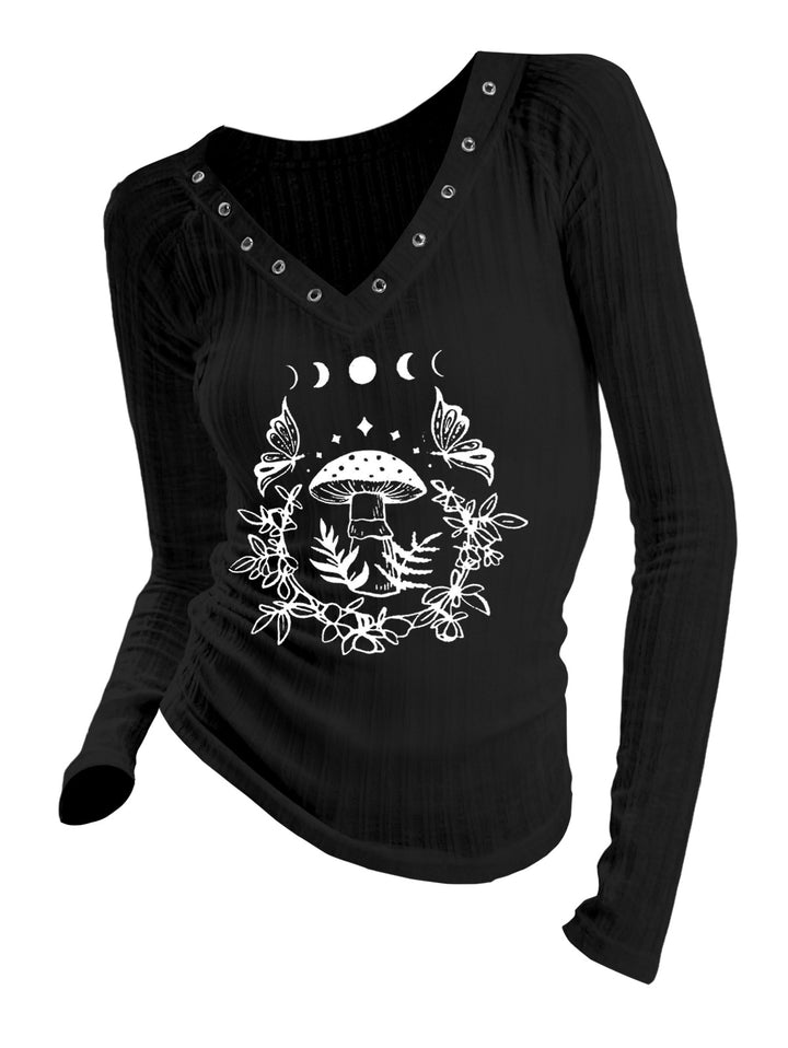 Gothic V-neck Ribbed Mushroom & Vines Printed Long-sleeve T-shirt