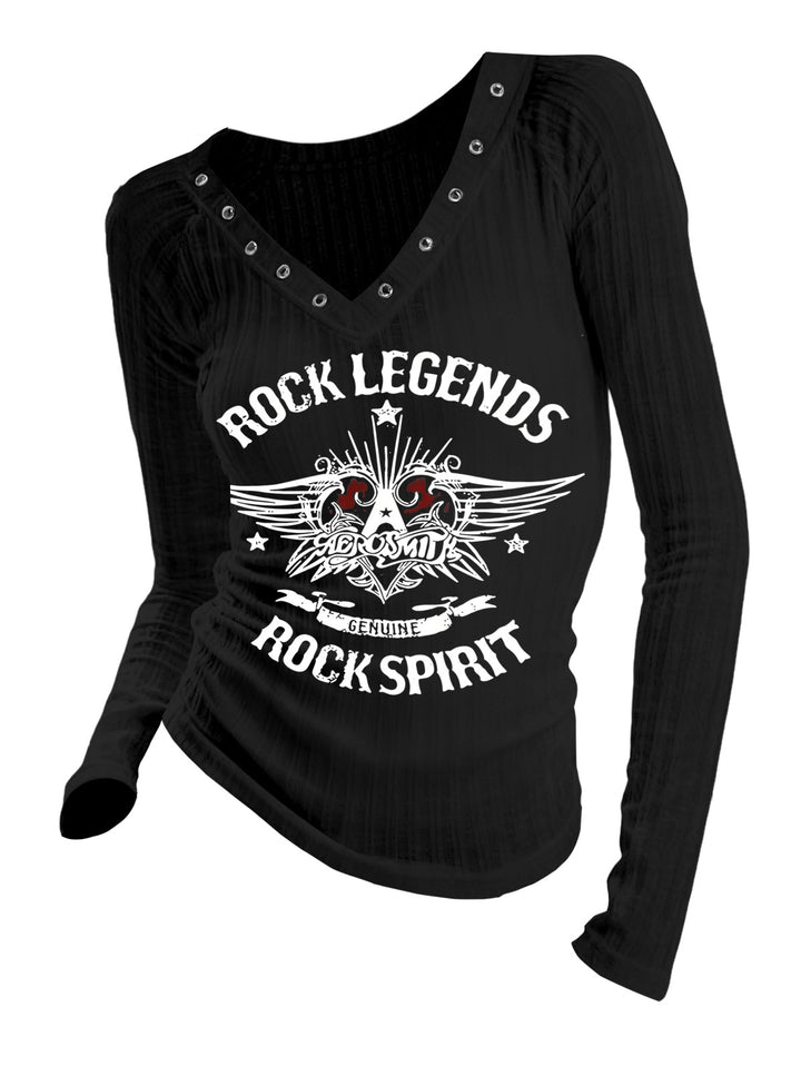 Gothic V-neck Ribbed Rock Legends Printed Long-sleeve T-shirt