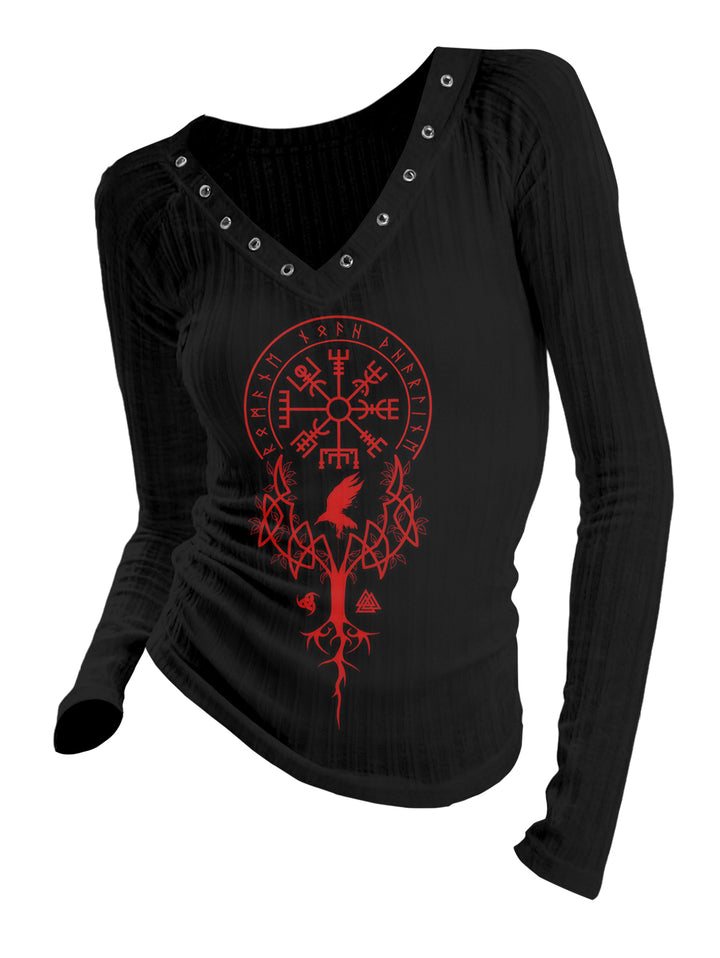 Gothic V-neck Ribbed Vegvisir Yggdrasil Totem Printed Long-sleeve T-shirt