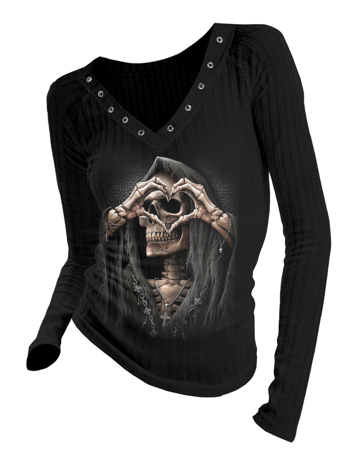 Gothic V-neck Ribbed Reaper's Heart Printed Long-sleeve T-shirt