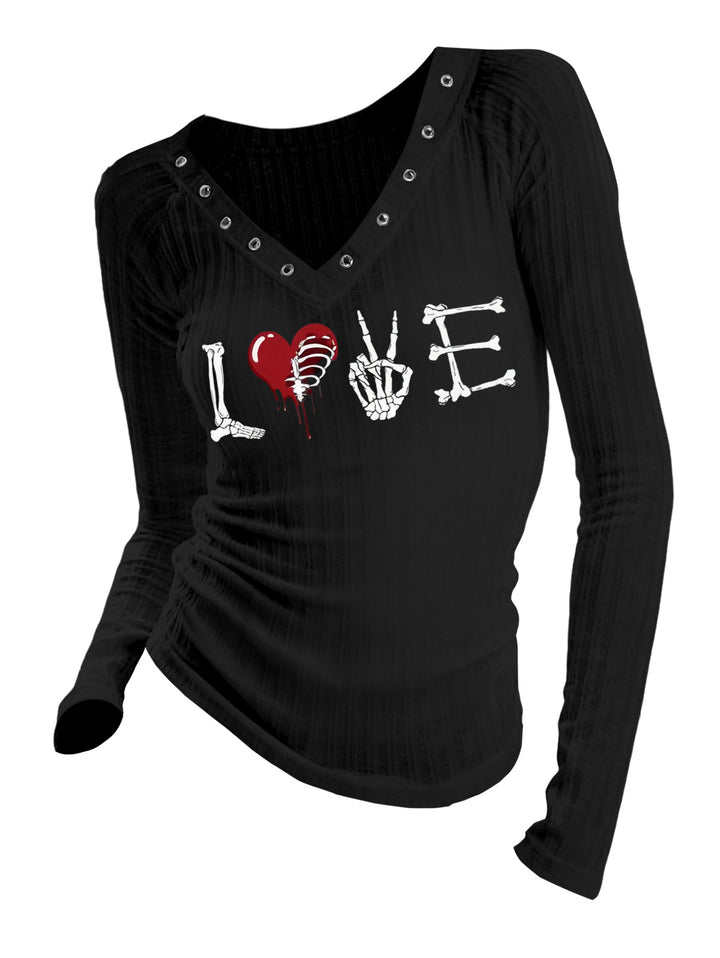 Gothic V-neck Ribbed Love & Skeleton Printed Long-sleeve T-shirt