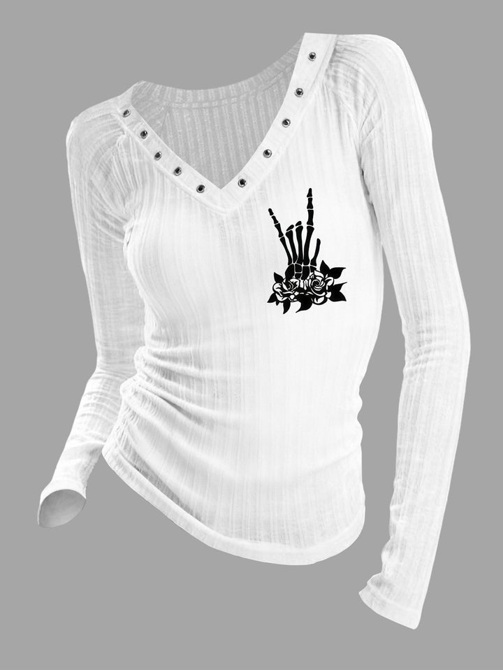 Gothic V-neck Ribbed Skeleton Hand & Rose Printed Long-sleeve T-shirt (Slightly Sheer)