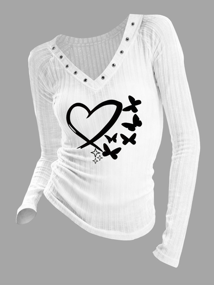 Gothic V-neck Ribbed Hearts Printed Long-sleeve T-shirt (Slightly Sheer)