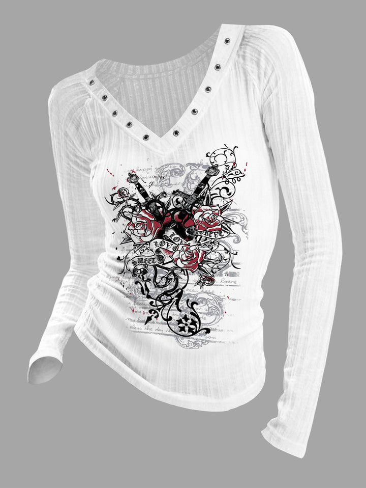 Gothic V-neck Ribbed  Crossed Pistols & Red Rose Printed Long-sleeve T-shirt (Slightly Sheer)