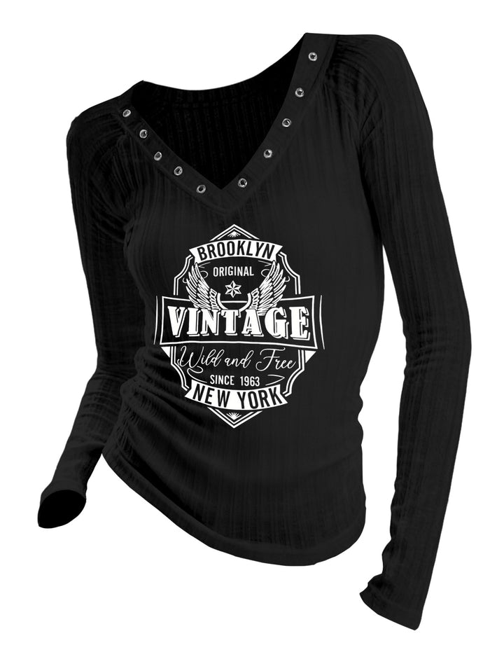 Gothic V-neck Ribbed Will & Free Brooklyn Printed Long-sleeve T-shirt