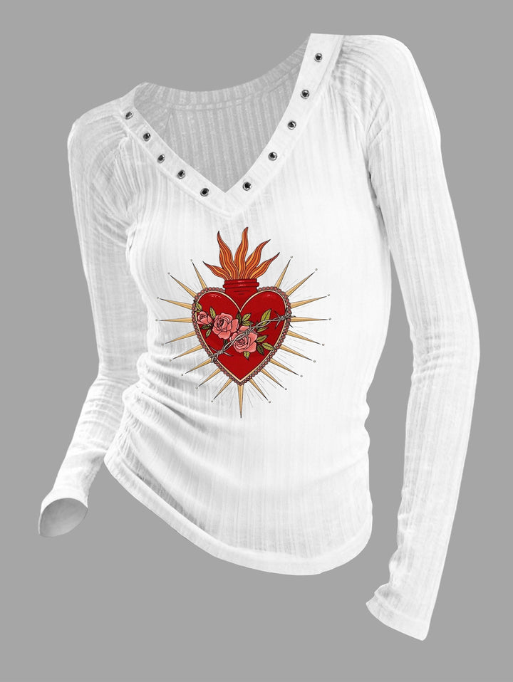 Gothic V-neck Ribbed Skeleton Flaming Sacred Heart & Rose Printed Long-sleeve T-shirt (Slightly Sheer)
