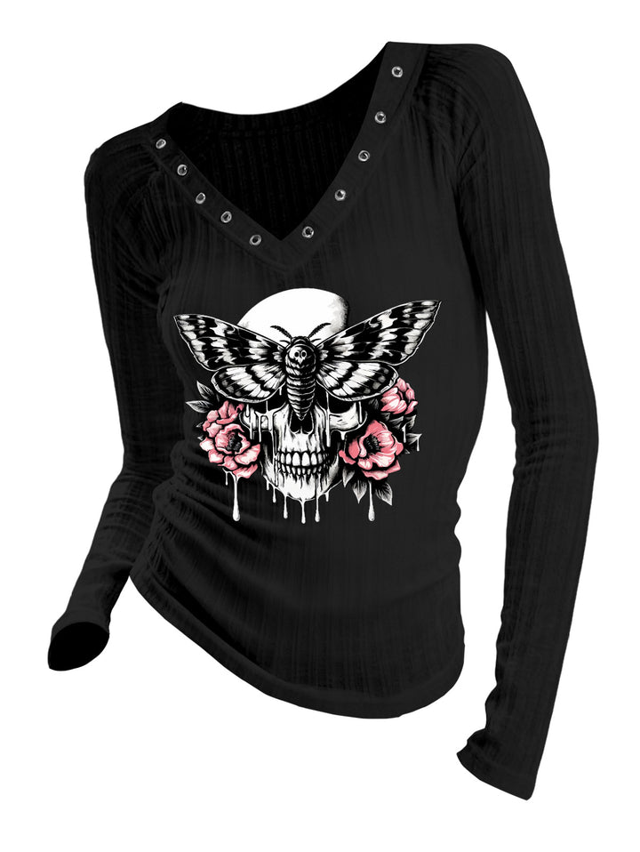 Gothic V-neck Ribbed Moth & Skull Printed Long-sleeve T-shirt