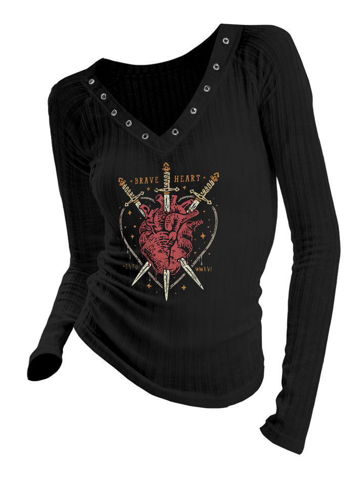 Gothic V-neck Ribbed Brave Heart & Sword Printed Long-sleeve T-shirt