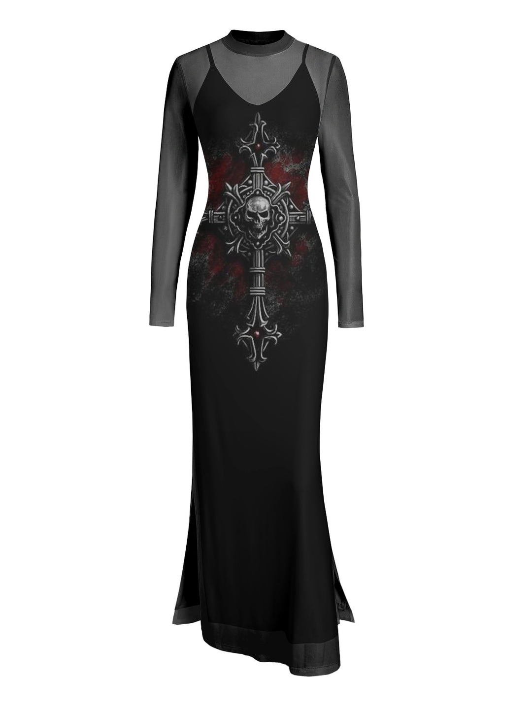 Gothic Sexy Mesh & Cross Skull Print Slim Split Maxi Dress Two-Piece Set