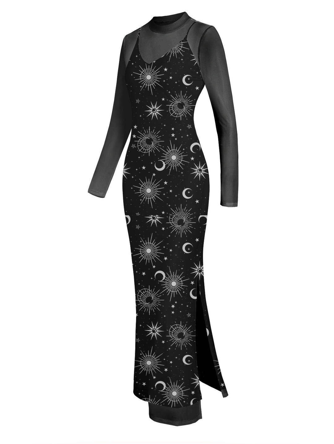 Gothic Sexy Mesh & Galaxy Print Slim Split Maxi Dress Two-Piece Set