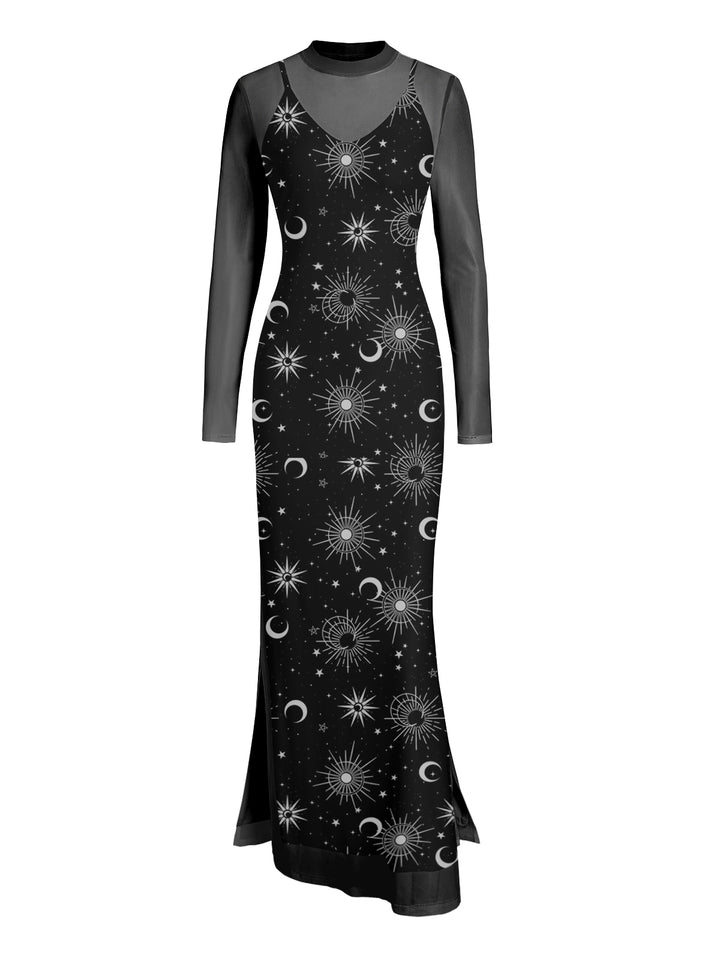 Gothic Sexy Mesh & Galaxy Print Slim Split Maxi Dress Two-Piece Set