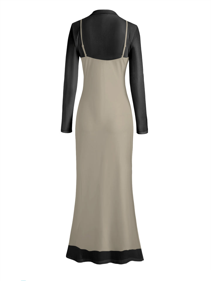 Gothic Sexy Mesh & Ghost Bride Skulls Slim Split Maxi Dress Two-Piece Set
