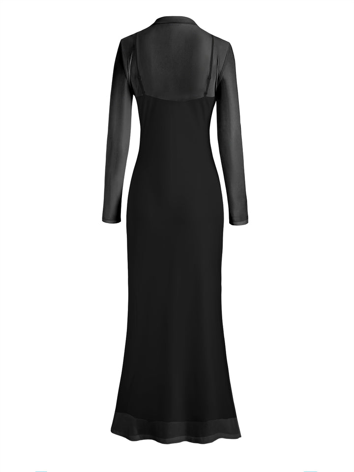 Gothic Sexy Mesh & Cross Skull Print Slim Split Maxi Dress Two-Piece Set