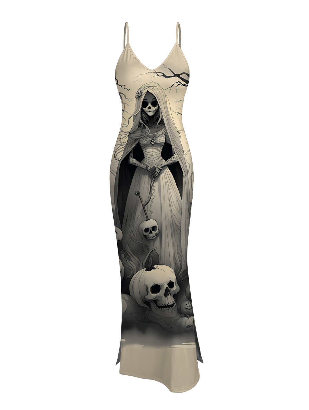 Gothic Sexy Mesh & Ghost Bride Skulls Slim Split Maxi Dress Two-Piece Set