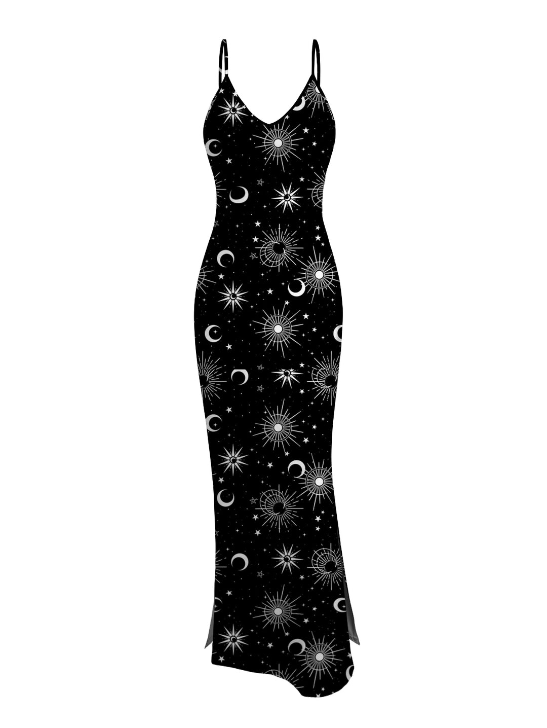 Gothic Sexy Mesh & Galaxy Print Slim Split Maxi Dress Two-Piece Set